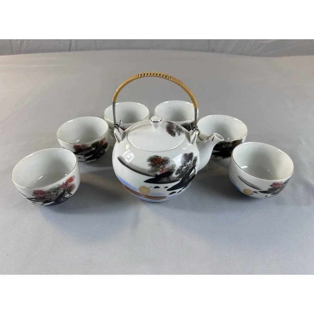 Vintage Japanese Tea Set Teapot & 6 Cups Hand Painted‎ Bamboo Handl